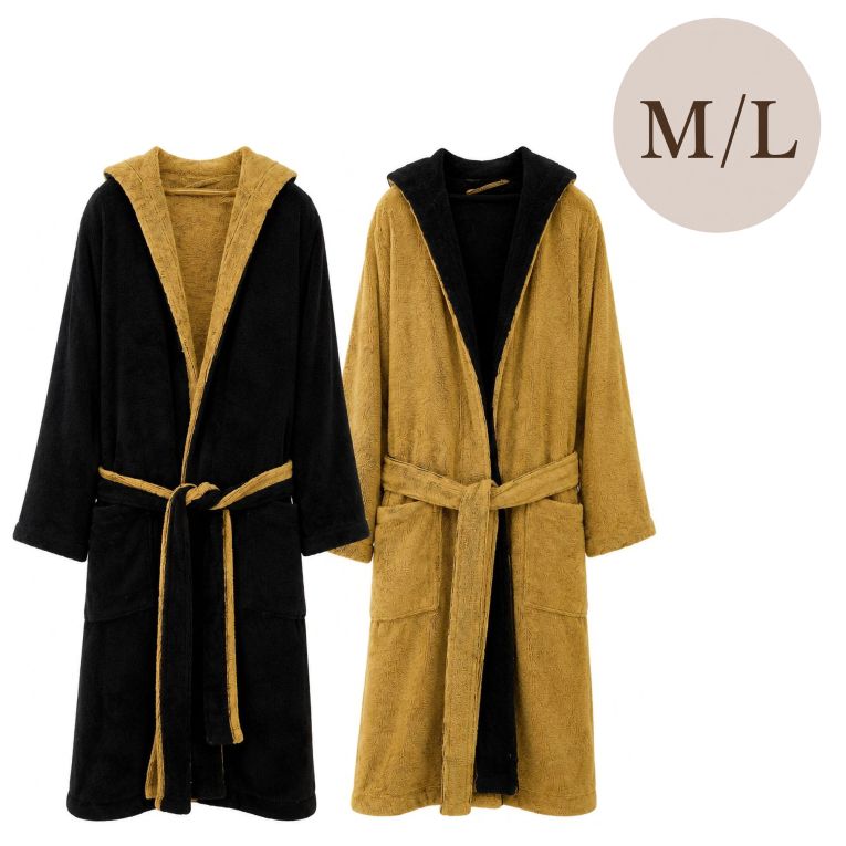 Accappatoio Nero oro 100% Cotone Egiziano a fibra lunga pettinato Reversibile Con cappuccio, Taglia M-L - Seha Luxury