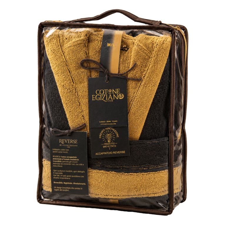 Accappatoio Nero oro 100% Cotone Egiziano a fibra lunga pettinato Reversibile Con cappuccio, Taglia M-L - Seha Luxury