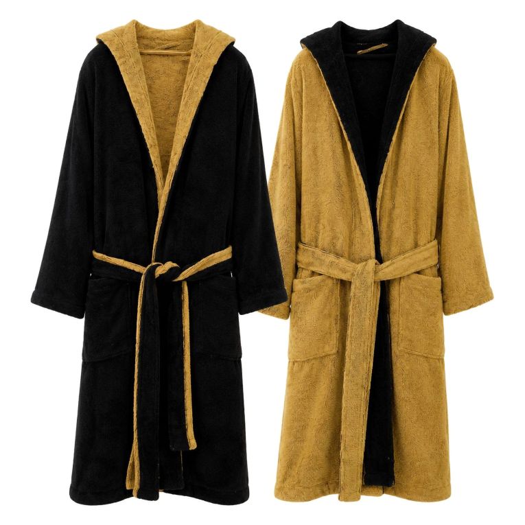 Accappatoio Nero oro 100% Cotone Egiziano a fibra lunga pettinato Reversibile Con cappuccio, Taglia XXL - Sekate Luxury