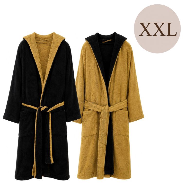 Accappatoio Nero oro 100% Cotone Egiziano a fibra lunga pettinato Reversibile Con cappuccio, Taglia XXL - Sekate Luxury
