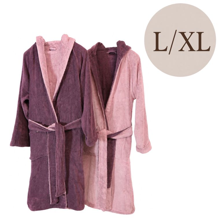 Accappatoio Rosa Viola Prugna 100% Cotone Egiziano a fibra lunga pettinato Reversibile Con cappuccio, Taglia L-XL - Sefane Luxury