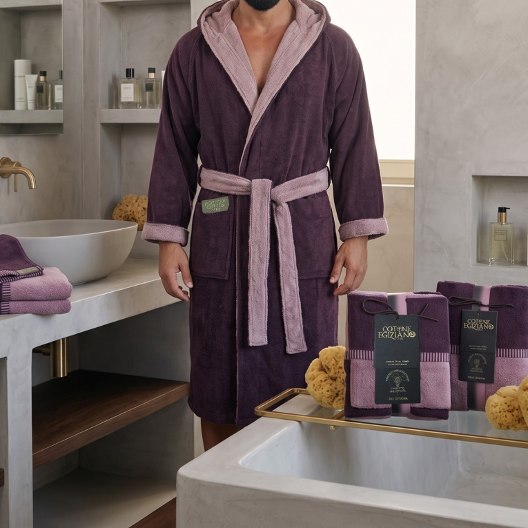 Accappatoio Rosa Viola Prugna 100% Cotone Egiziano a fibra lunga pettinato Reversibile Con cappuccio, Taglia L-XL - Sefane Luxury