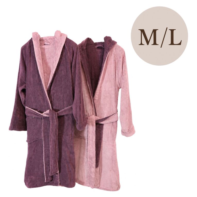 Accappatoio Rosa Viola Prugna 100% Cotone Egiziano a fibra lunga pettinato Reversibile Con cappuccio, Taglia M-L - Seha Luxury