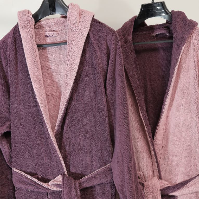 Accappatoio Rosa Viola Prugna 100% Cotone Egiziano a fibra lunga pettinato Reversibile Con cappuccio, Taglia M-L - Seha Luxury