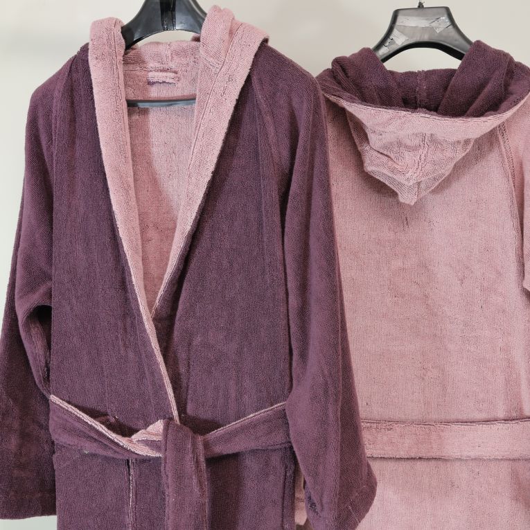 Accappatoio Rosa Viola Prugna 100% Cotone Egiziano a fibra lunga pettinato Reversibile Con cappuccio, Taglia M-L - Seha Luxury