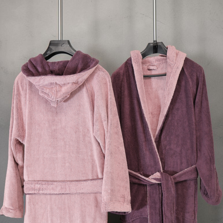 Accappatoio Rosa Viola Prugna 100% Cotone Egiziano a fibra lunga pettinato Reversibile Con cappuccio, Taglia M-L - Seha Luxury