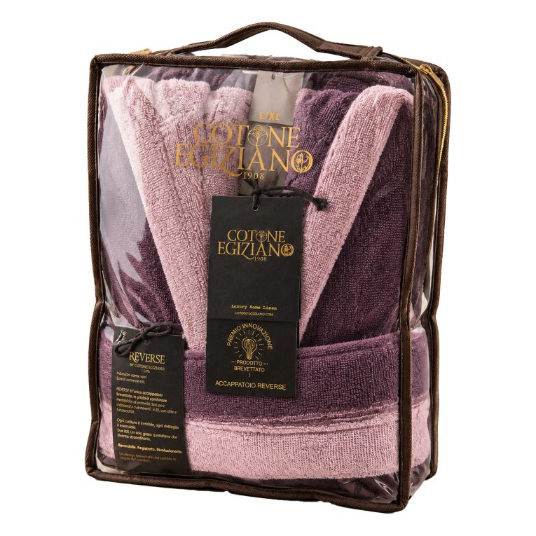 Accappatoio Rosa Viola Prugna 100% Cotone Egiziano a fibra lunga pettinato Reversibile Con cappuccio, Taglia M-L - Seha Luxury