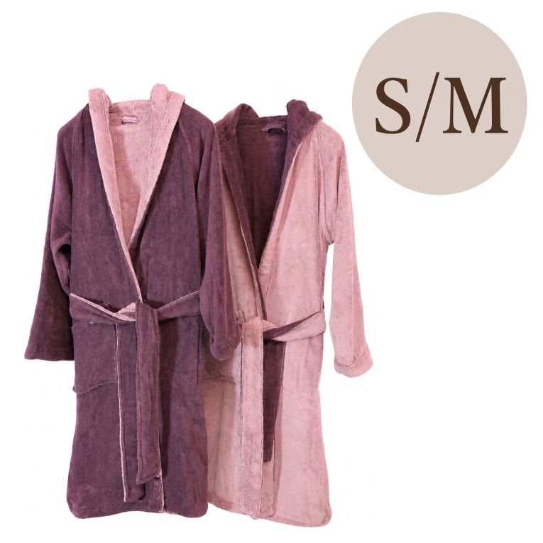 Accappatoio Rosa Viola Prugna 100% Cotone Egiziano a fibra lunga pettinato Reversibile Con cappuccio, Taglia S-M - Selesi Luxury
