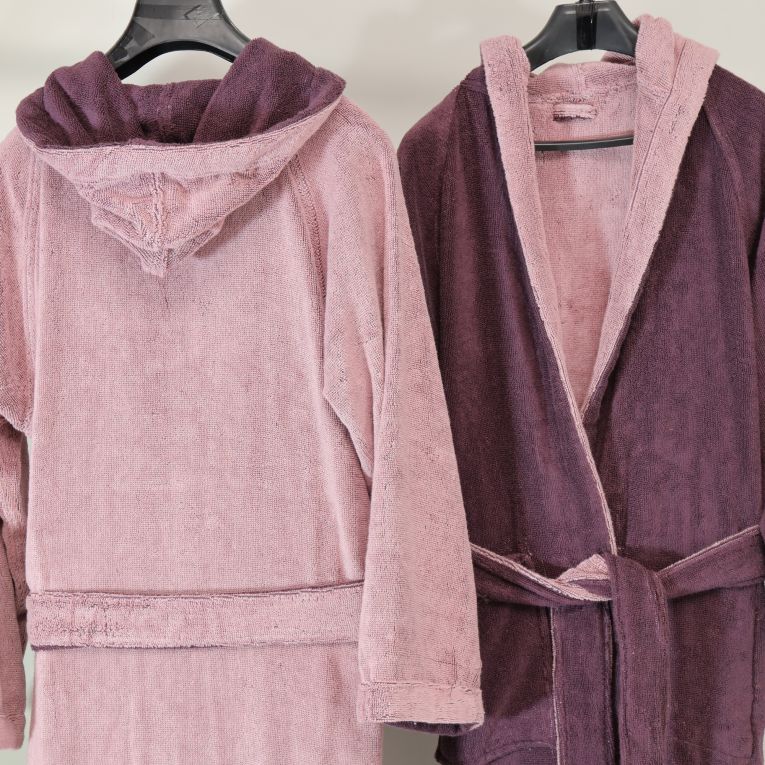 Accappatoio Rosa Viola Prugna 100% Cotone Egiziano a fibra lunga pettinato Reversibile Con cappuccio, Taglia S-M - Selesi Luxury