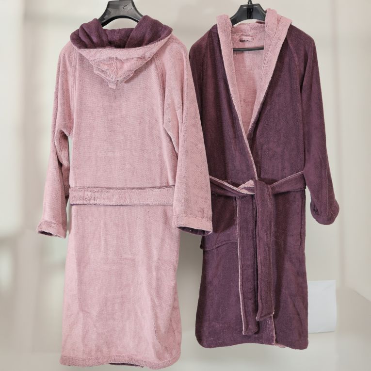 Accappatoio Rosa Viola Prugna 100% Cotone Egiziano a fibra lunga pettinato Reversibile Con cappuccio, Taglia S-M - Selesi Luxury