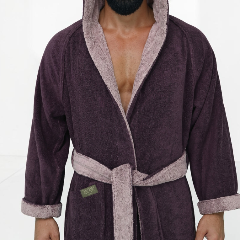 Accappatoio Rosa Viola Prugna 100% Cotone Egiziano a fibra lunga pettinato Reversibile Con cappuccio, Taglia XXL - Sekate Luxury