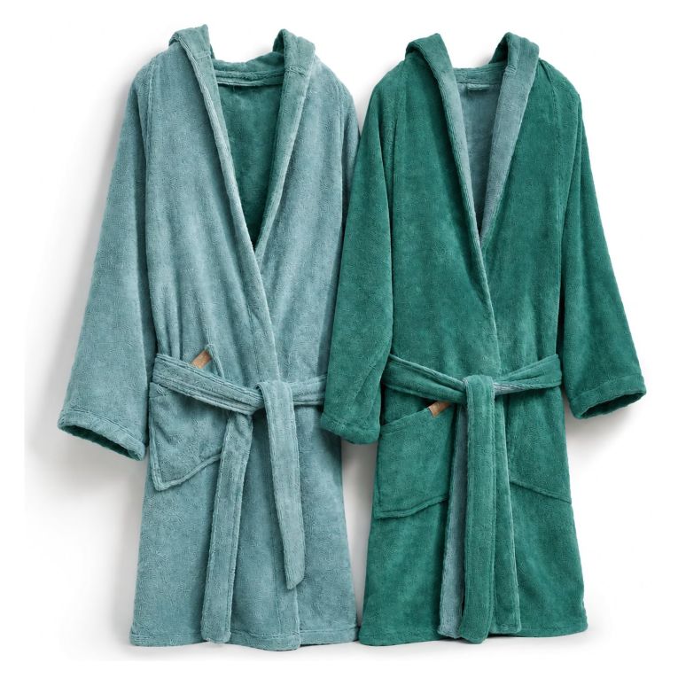 Accappatoio Verde Acqua Verde Scuro 100% Cotone Egiziano a fibra lunga pettinato Reversibile Con cappuccio , Taglia L/XL - Sefane Luxury