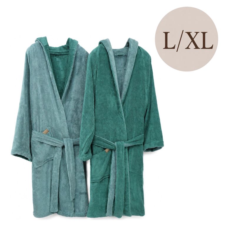 Accappatoio Verde Acqua Verde Scuro 100% Cotone Egiziano a fibra lunga pettinato Reversibile Con cappuccio , Taglia L/XL - Sefane Luxury