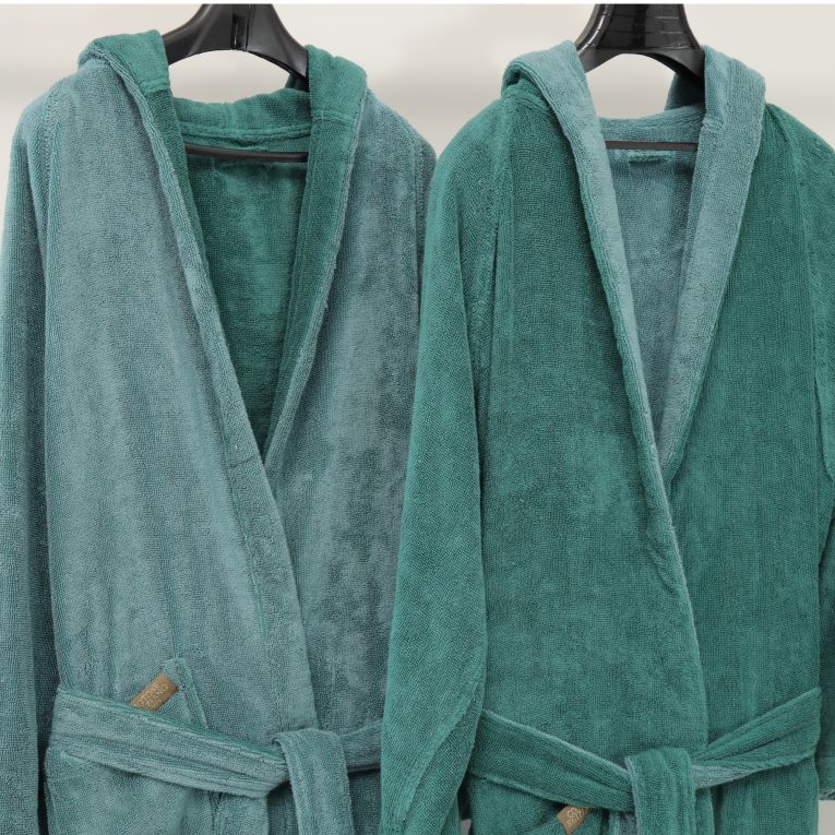 Accappatoio Verde Acqua Verde Scuro 100% Cotone Egiziano a fibra lunga pettinato Reversibile Con cappuccio , Taglia L/XL - Sefane Luxury