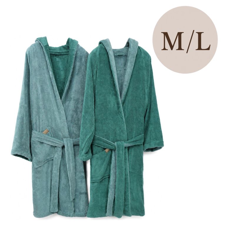Accappatoio Verde Acqua Verde Scuro 100% Cotone Egiziano a fibra lunga pettinato Reversibile Con cappuccio, Taglia M-L - Seha Luxury
