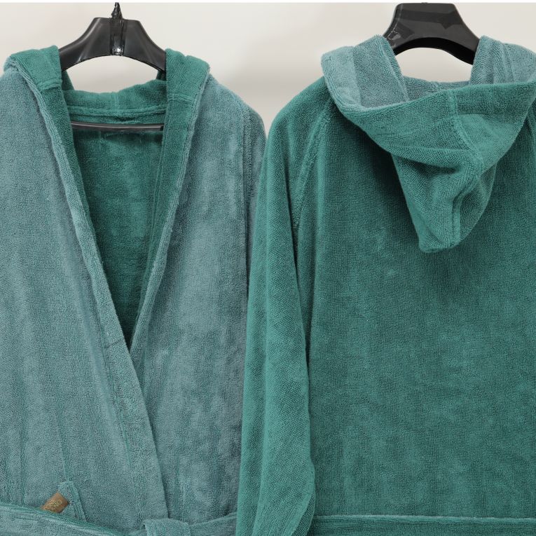 Accappatoio Verde Acqua Verde Scuro 100% Cotone Egiziano a fibra lunga pettinato Reversibile Con cappuccio, Taglia M-L - Seha Luxury