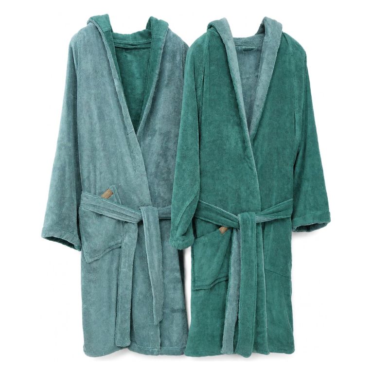 Accappatoio Verde Acqua Verde Scuro 100% Cotone Egiziano a fibra lunga pettinato Reversibile Con cappuccio , Taglia S/M - Selesi Luxury