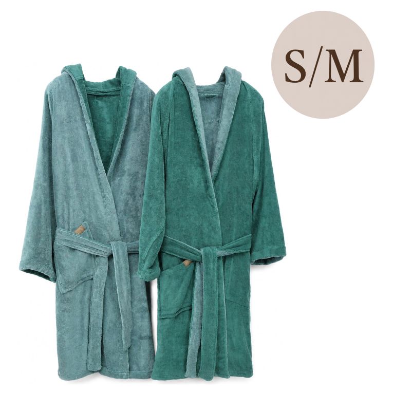 Accappatoio Verde Acqua Verde Scuro 100% Cotone Egiziano a fibra lunga pettinato Reversibile Con cappuccio , Taglia S/M - Selesi Luxury