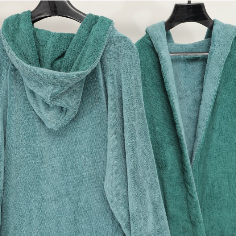 Accappatoio Verde Acqua Verde Scuro 100% Cotone Egiziano a fibra lunga pettinato Reversibile Con cappuccio , Taglia S/M - Selesi Luxury