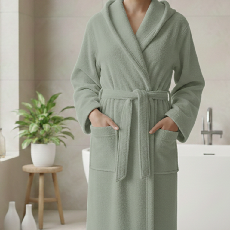 Accappatoio Verde Salvia 100% cotone Con cappuccio , Taglia M - Satoka Luxury