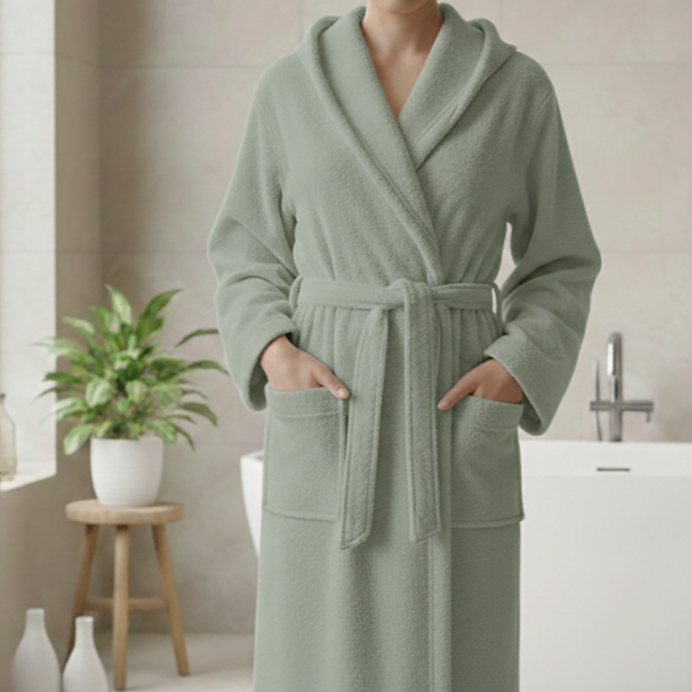 Accappatoio Verde Salvia 100% cotone Con cappuccio , Taglia XXL - Satina Luxury