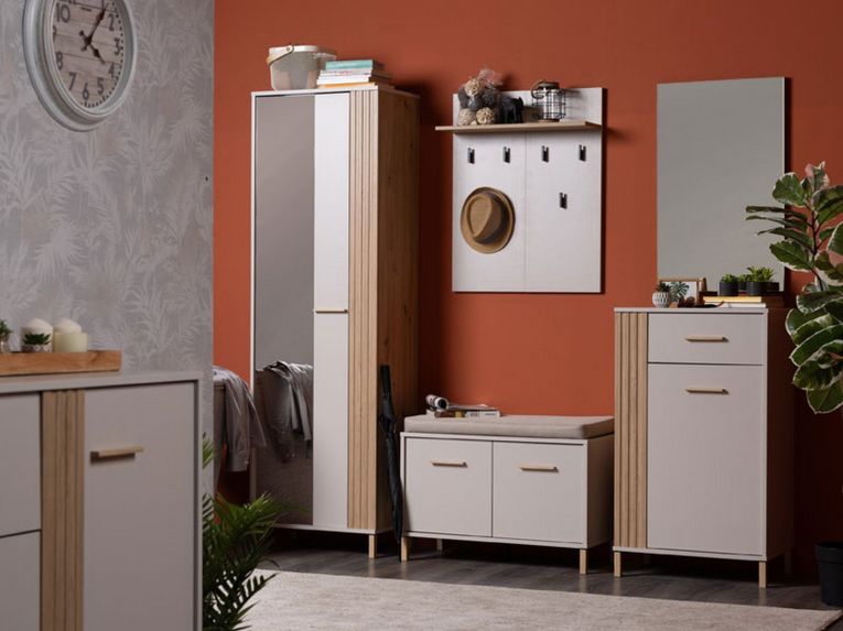 Appendiabiti Beige Marrone Rovere set Fissaggio a Muro Incluso 6 Ganci 83h cm, Installazione a Muro - Igliano