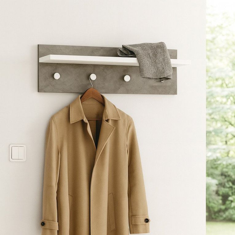 Appendiabiti Bianco Grigio Cemento 4 Ganci Installazione a Muro, Colore Struttura Grigio - Mozzo