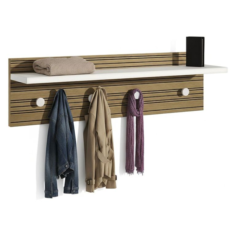 Appendiabiti Bianco Marrone Rovere 4 Ganci Installazione a Muro, Colore Struttura Marrone - Mozzo