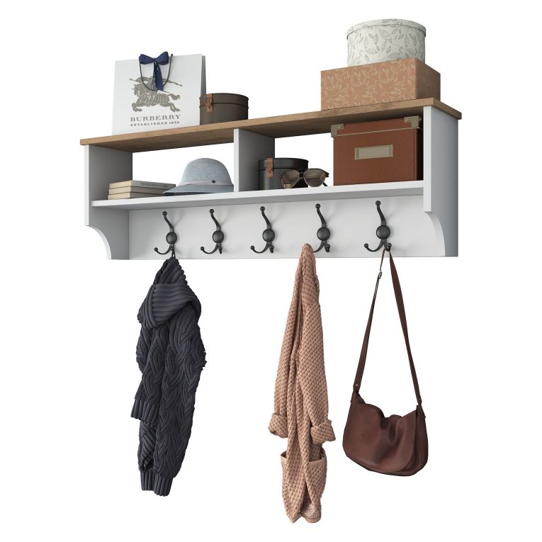 Appendiabiti Bianco Marrone Rovere 5 Ganci Installazione a Muro 37h cm, Colore Struttura Marrone - Magherno