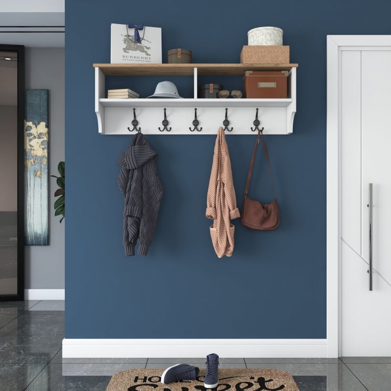 Appendiabiti Bianco Marrone Rovere 5 Ganci Installazione a Muro 37h cm, Colore Struttura Marrone - Magherno