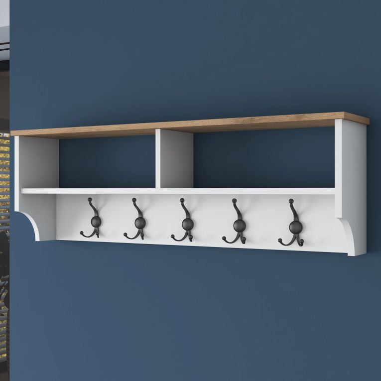 Appendiabiti Bianco Marrone Rovere 5 Ganci Installazione a Muro 37h cm, Colore Struttura Marrone - Magherno