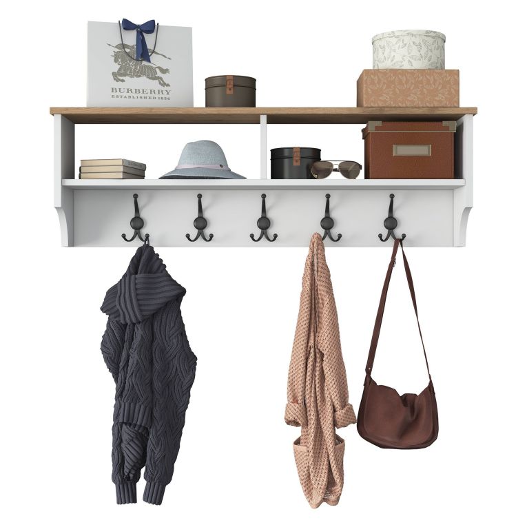 Appendiabiti Bianco Marrone Rovere 5 Ganci Installazione a Muro 37h cm, Colore Struttura Marrone - Magherno