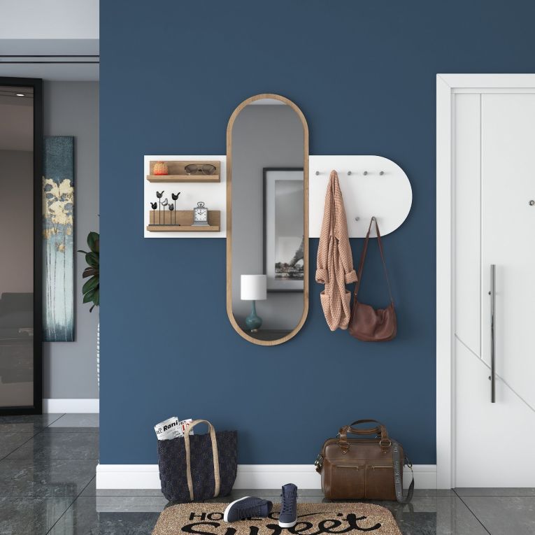 Appendiabiti Bianco Marrone Rovere con Specchio 9 Ganci 120h cm, Installazione a Muro - Guardia