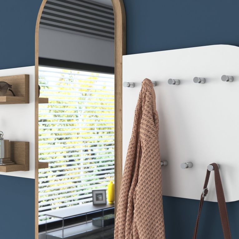 Appendiabiti Bianco Marrone Rovere con Specchio 9 Ganci 120h cm, Installazione a Muro - Guardia