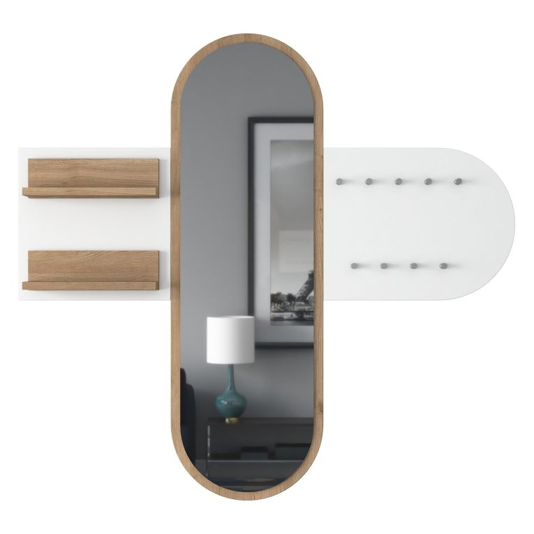 Appendiabiti Bianco Marrone Rovere con Specchio 9 Ganci 120h cm, Installazione a Muro - Guardia