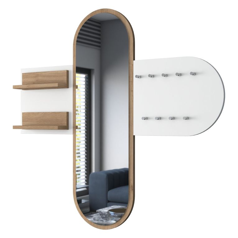 Appendiabiti Bianco Marrone Rovere con Specchio 9 Ganci 120h cm, Installazione a Muro - Guardia