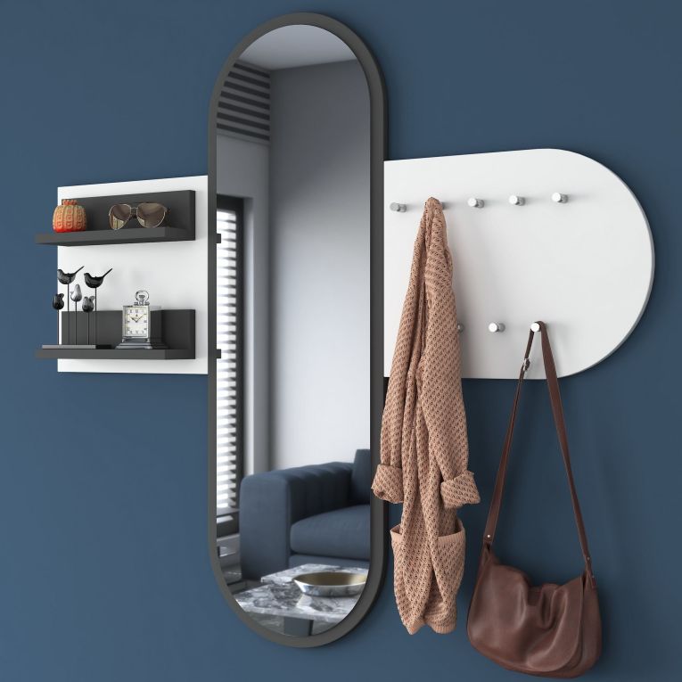 Appendiabiti Bianco Nero Antracite con Specchio 9 Ganci 120h cm, Installazione a Muro - Guardia