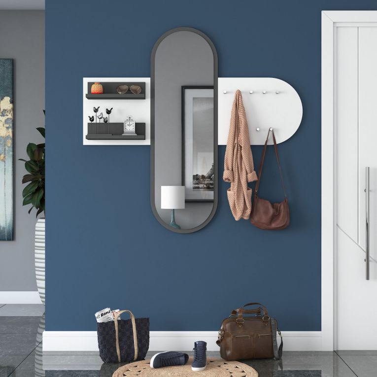 Appendiabiti Bianco Nero Antracite con Specchio 9 Ganci 120h cm, Installazione a Muro - Guardia
