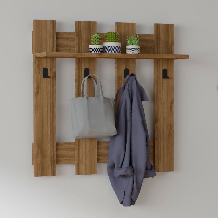 Appendiabiti Marrone Noce 4 Ganci Installazione a Muro 70h cm, Sfumatura Colore Struttura Noce - Serpico