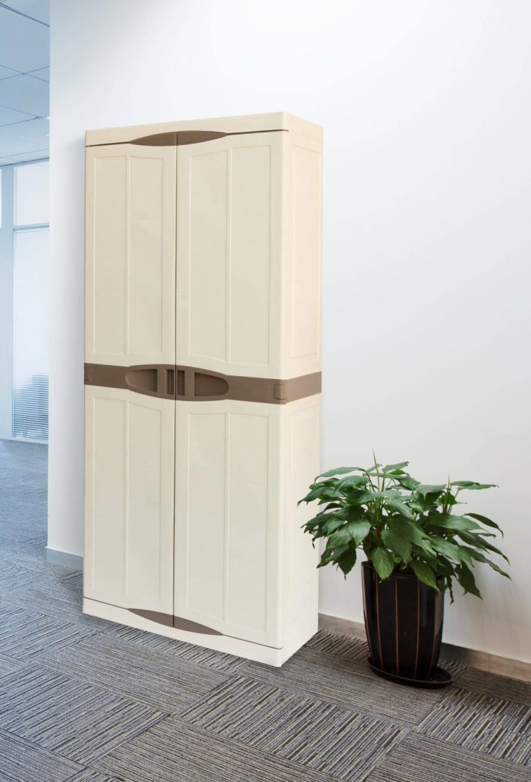 Armadio da esterno Avelgem, Armadio balcone multiuso, Mobile porta scope 2 ante, 100% Made in Italy, 70x47h178 cm, Beige e Marrone, Finitura elegante