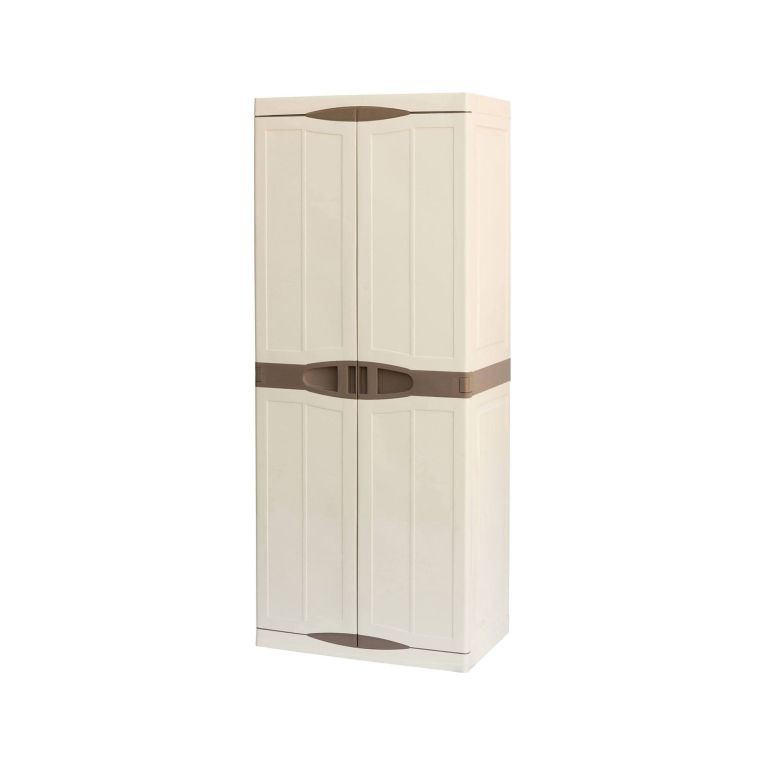 Armadio da esterno Avelgem, Armadio balcone multiuso, Mobile porta scope 2 ante, 100% Made in Italy, 70x47h178 cm, Beige e Marrone, Finitura elegante