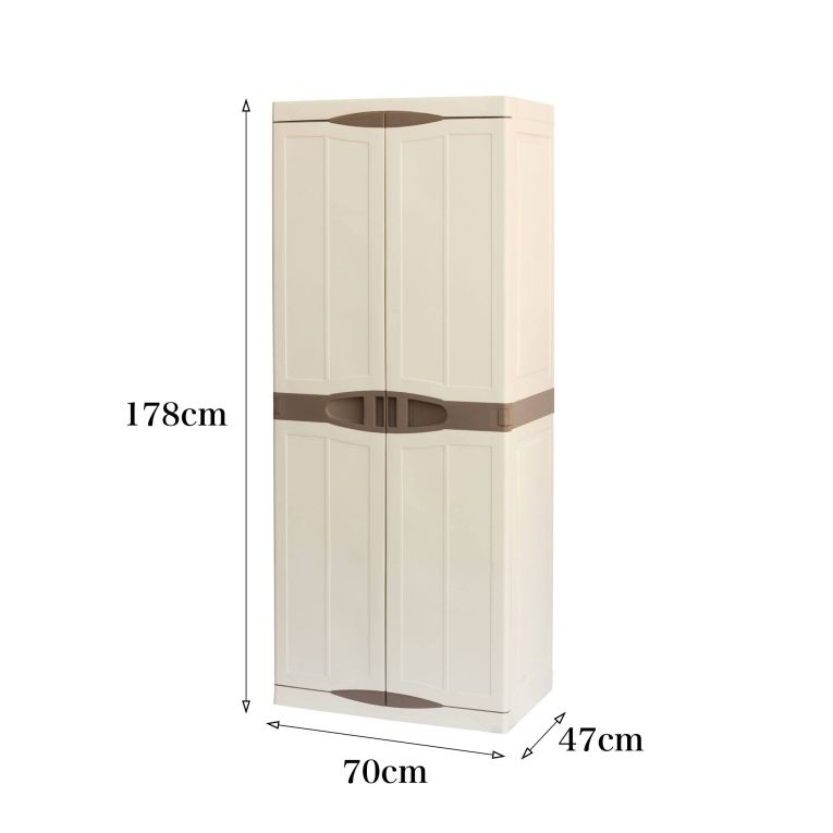 Armadio da esterno Avelgem, Armadio balcone multiuso, Mobile porta scope 2 ante, 100% Made in Italy, 70x47h178 cm, Beige e Marrone, Finitura elegante