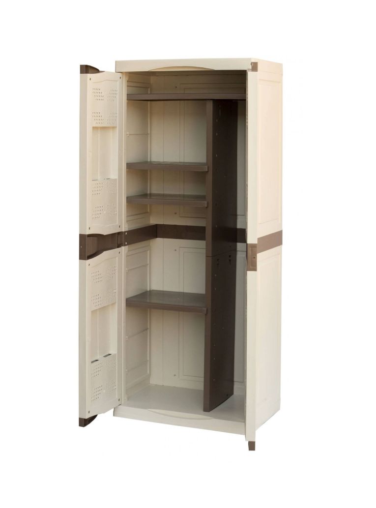 Armadio da esterno Avelgem, Armadio balcone multiuso, Mobile porta scope 2 ante, 100% Made in Italy, 70x47h178 cm, Beige e Marrone, Finitura elegante
