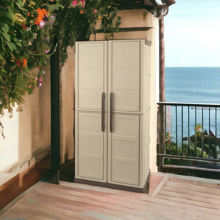 Armadio da esterno Avelgem, Armadio balcone multiuso, Mobile porta scope 2 ante, 100% Made in Italy, 70x47h178 cm, Beige e Marrone, Finitura quadri