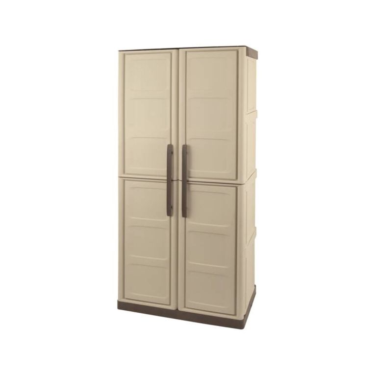 Armadio da esterno Avelgem, Armadio balcone multiuso, Mobile porta scope 2 ante, 100% Made in Italy, 70x47h178 cm, Beige e Marrone, Finitura quadri