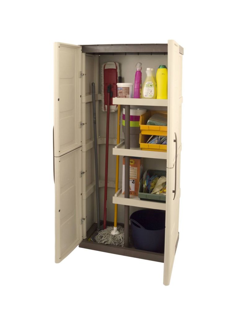 Armadio da esterno Avelgem, Armadio balcone multiuso, Mobile porta scope 2 ante, 100% Made in Italy, 70x47h178 cm, Beige e Marrone, Finitura quadri