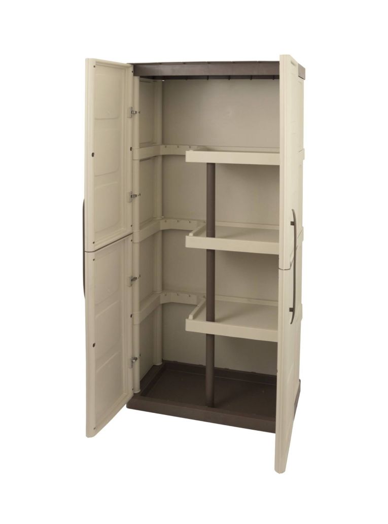 Armadio da esterno Avelgem, Armadio balcone multiuso, Mobile porta scope 2 ante, 100% Made in Italy, 70x47h178 cm, Beige e Marrone, Finitura quadri