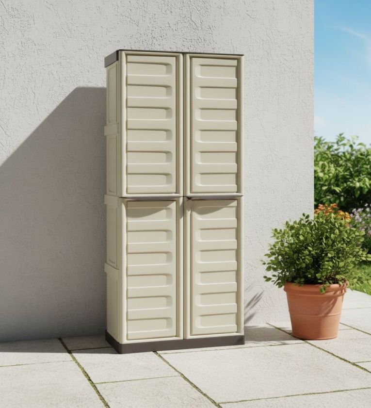 Armadio da esterno Avelgem, Armadio balcone multiuso, Mobile porta scope 2 ante, 100% Made in Italy, 70x47h178 cm, Beige e Marrone, Finitura righe