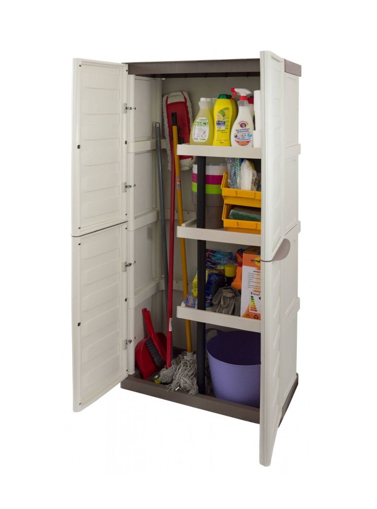 Armadio da esterno Avelgem, Armadio balcone multiuso, Mobile porta scope 2 ante, 100% Made in Italy, 70x47h178 cm, Beige e Marrone, Finitura righe