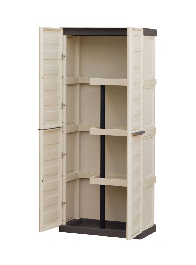 Armadio da esterno Avelgem, Armadio balcone multiuso, Mobile porta scope 2 ante, 100% Made in Italy, 70x47h178 cm, Beige e Marrone, Finitura righe